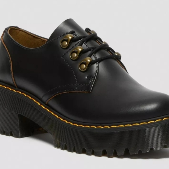 DR MARTENS Leona Lo black leather platform heeled lace up shoes women’s 9 new - Picture 3 of 8